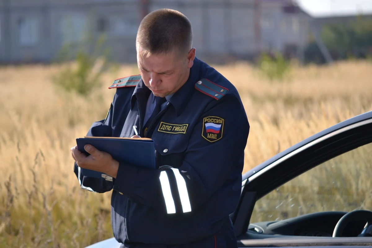 Poliziotto in uniforme che prende appunti accanto a un'auto in un campo.